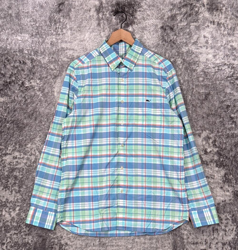 Vineyard Vines On The Go Shirt Medium Mens Blue & Green Plaid Long Sleeve
